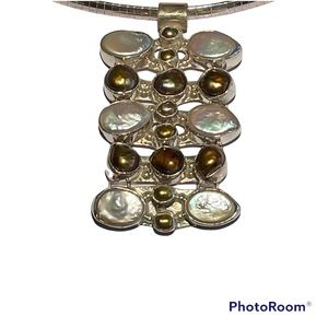 3 Strand Bronze and Cream Pearl Silver Pendant and Flat Snake Chain